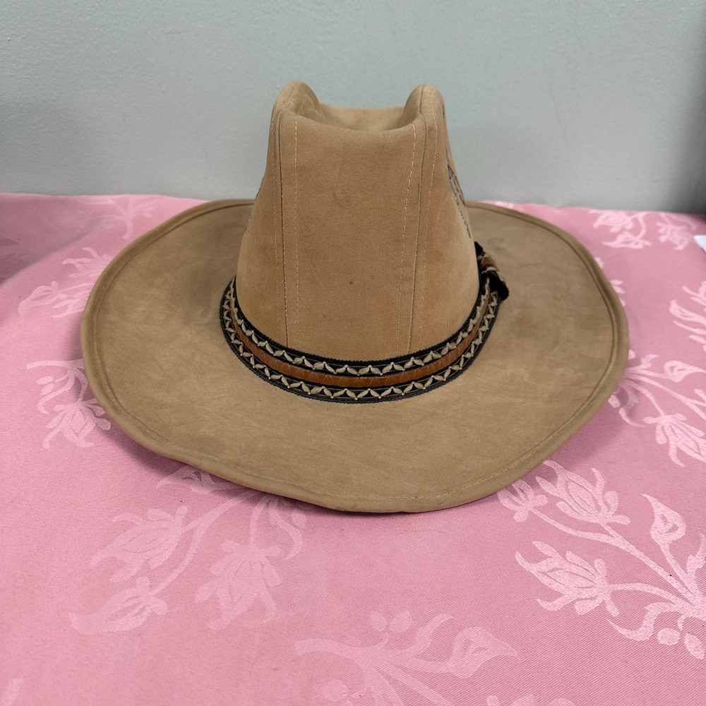 Vintage Tan Embroidered Cowboy Hat XL Western Floral Suede Feel Union Made - Picture 2 of 14